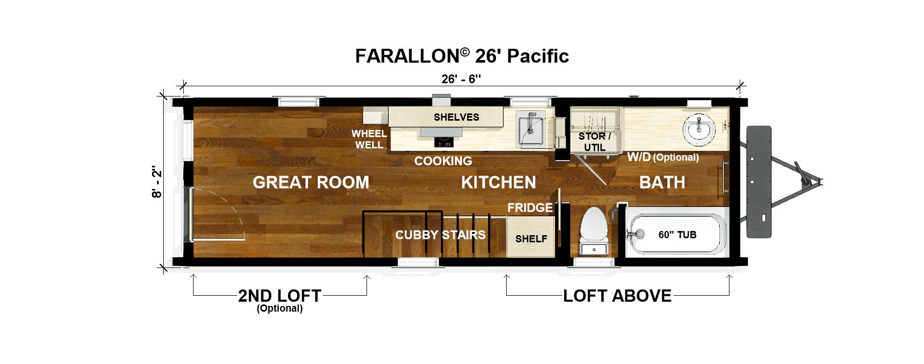 Floor plan of the Farallon 26' Pacific model, an excellent option among tiny homes for sale, showcasing a layout with a Great Room, Kitchen, Bath, storage/utilities, and optional lofts. Key features include a 60" tub, fridge, shelves, and cubby stairs.