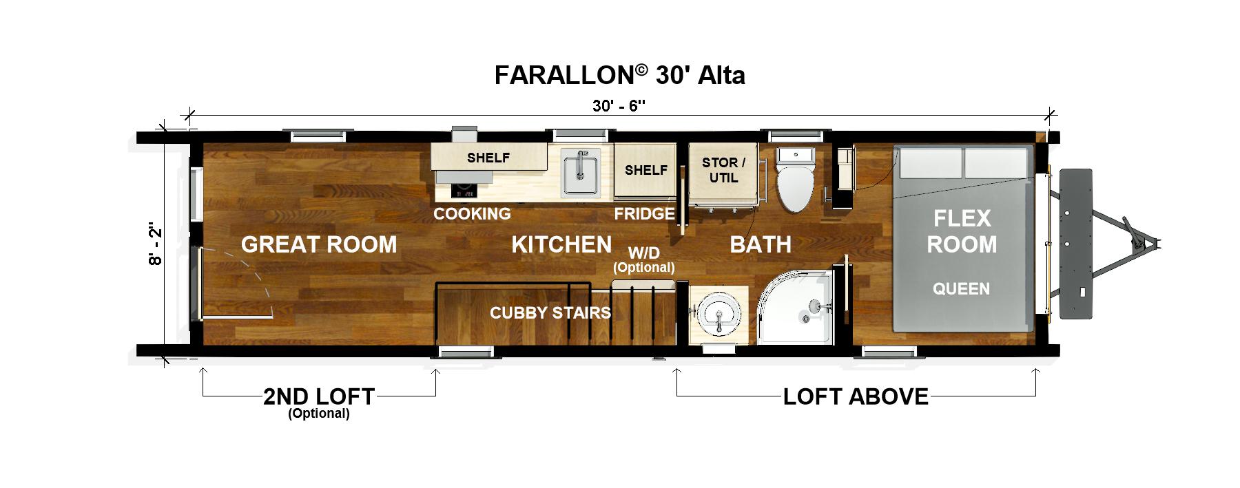 Floor plan of a 30-foot long tiny house named Farallon 30' Alta. Features include a great room, kitchen, bathroom, flex room for a queen bed, cubby stairs, storage spaces, and optional loft areas. Ideal for those seeking tiny homes for sale with both style and functionality.