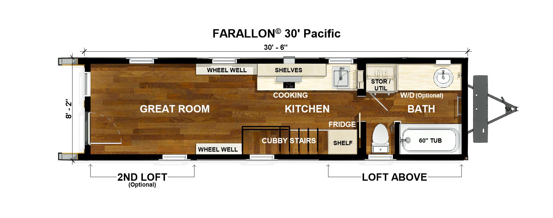     Floor plan of a 30' long, 8' wide tiny house with labeled areas for a great room, kitchen, bathroom, stairs, two lofts (optional), and storage. Features include a 60" tub and optional washer/dryer, perfect for those exploring tiny homes for sale.