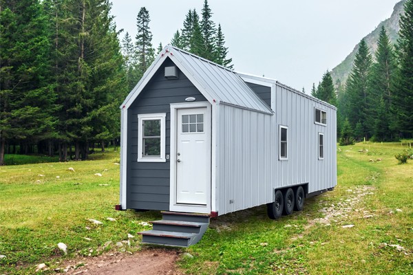 A sleek clerestory tiny home on wheels is parked on a grassy path, surrounded by trees, with a mountain in the background. This modern gem is for sale, promising tranquility and mobility wrapped in one.