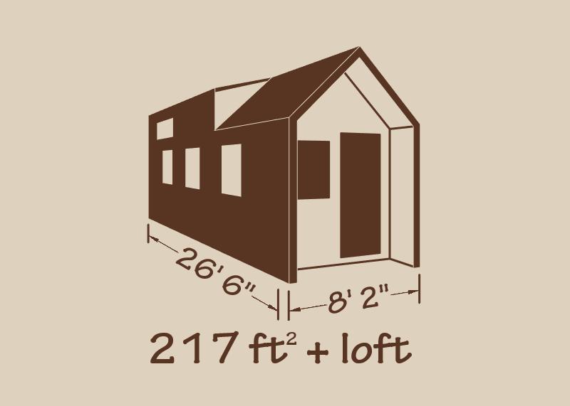 Illustration of a tiny house with dimensions labeled 26 feet 6 inches by 8 feet 2 inches, and a total area of 217 square feet plus a loft.