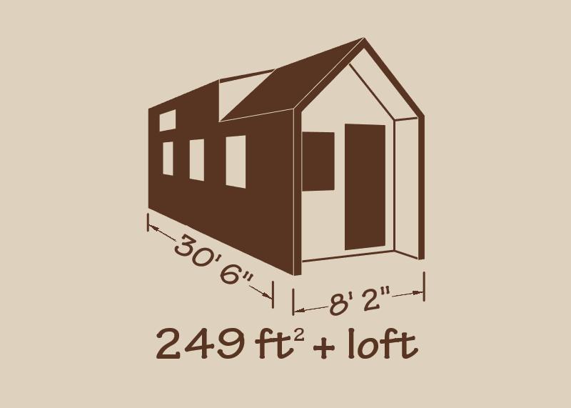 Illustration of a small house with its dimensions labeled as 30 feet 6 inches in length, 8 feet 2 inches in width, and a total area of 249 square feet plus a loft.