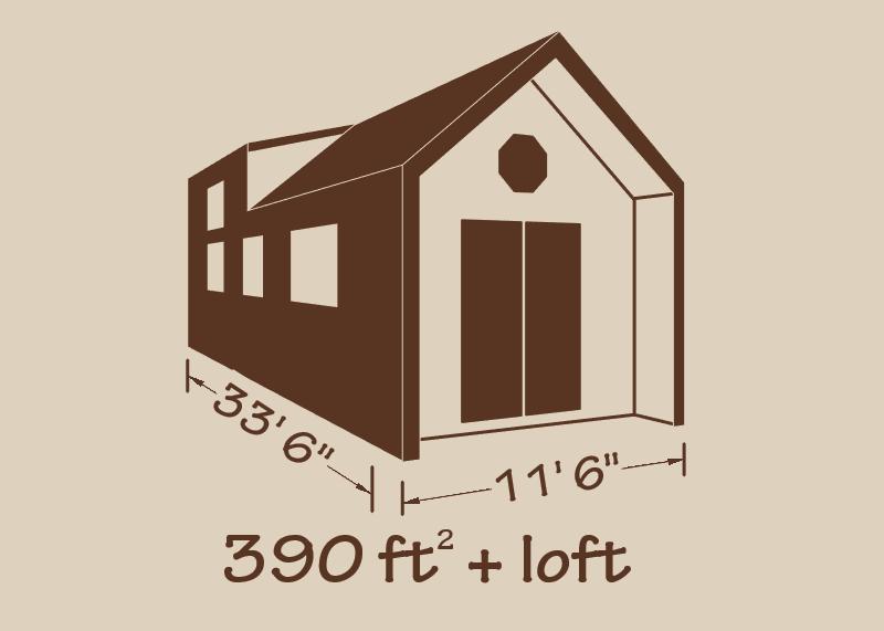 Illustration of a small house or shed with dimensions 33'6" in length, 11'6" in width, and a total area of 390 square feet plus a loft.