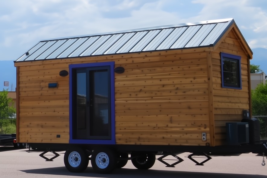 A small wooden tiny house on wheels with a metal roof and blue-trimmed windows is parked on a paved surface.