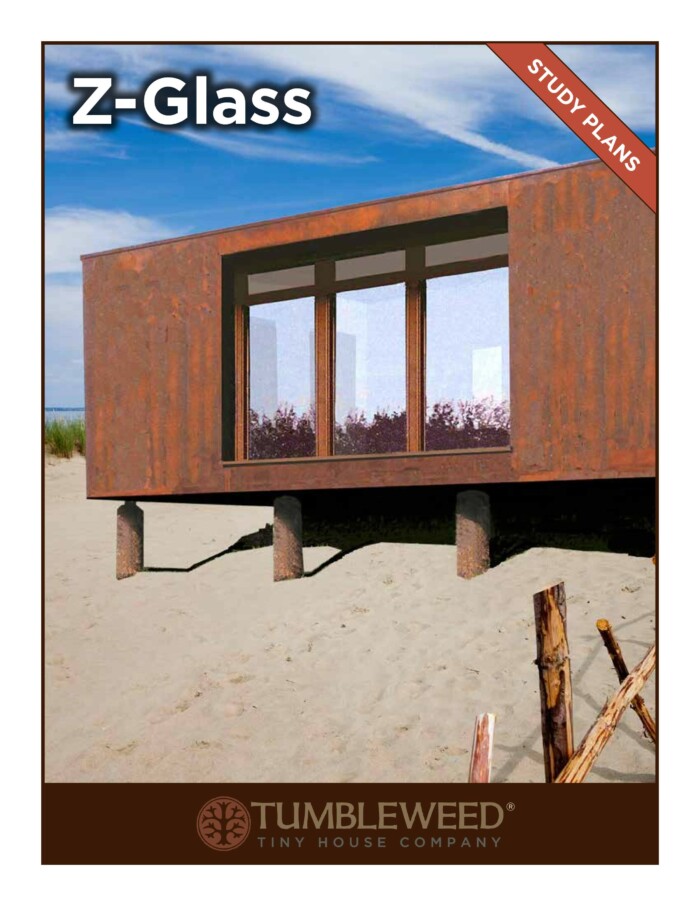 Cover image for Tumbleweed Tiny House Company's Z-Glass study plans featuring a modern tiny house with large windows, elevated on stilts, situated on a sandy terrain with vegetation in the background.