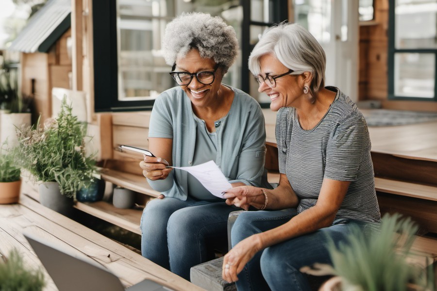 Two women sit on wooden steps, smiling and holding papers about tiny house loans. A laptop is open in front of them, surrounded by plants.