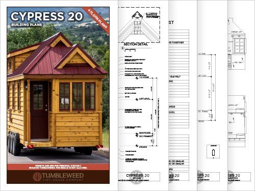 Building plan cover for Cypress 20 Building Plans by Tumbleweed, featuring a charming wooden tiny house on a trailer, with detailed architectural drawings shown on adjacent pages.